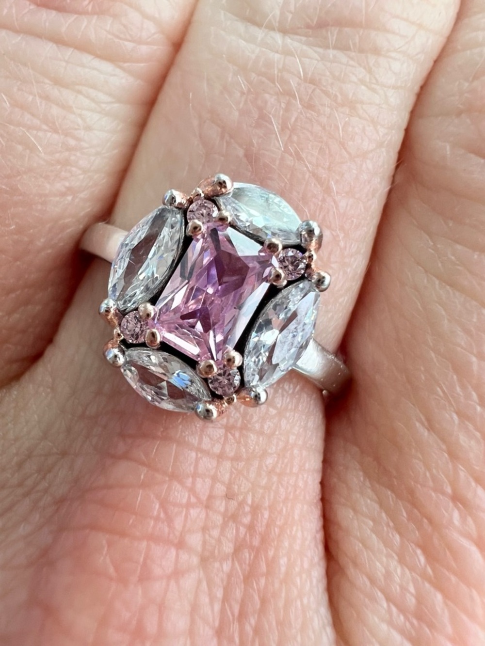 925 Sterling Silver Pink Center Stone Marquise Halo Ring